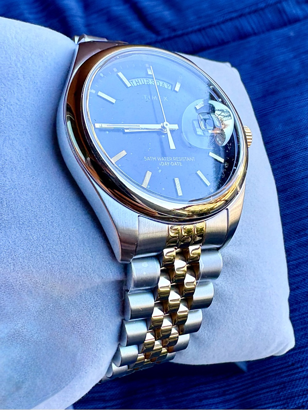 Brand new in box Timex Men’s Two-Tone Blue Dial Watch with Gold Accents